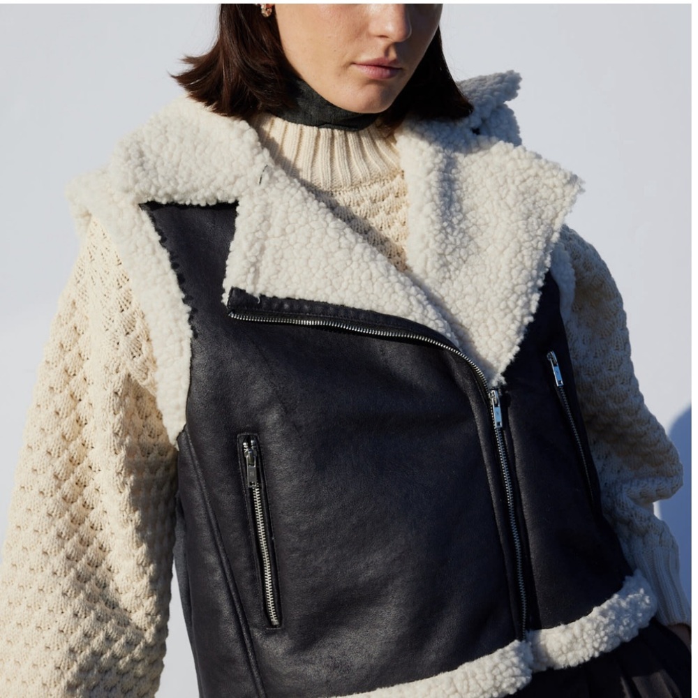 NWT Noisy May Women’s Bonded Faux Leather & Faux Shearling Moto Vest Winter Warm